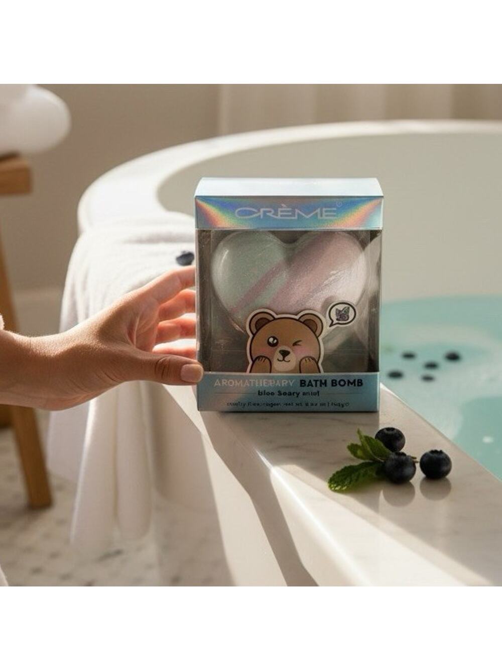 Crème Aromatherapy Bath Bomb Blue-beary Mint Heart Bear Pattern 5.64 oz